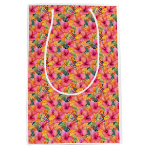 Sacola Para Presentes Média Flor de Hibiscus Cor-de-Laranja e Rosa com Folhas
