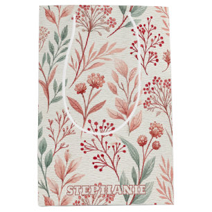 Sacola Para Presentes Média Flor, Floral e Folha de Cereja Rosa