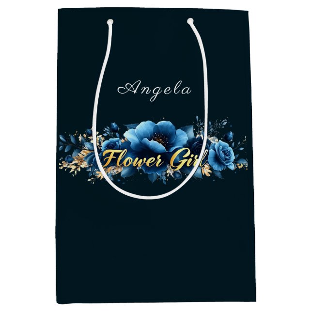 Sacola Para Presentes Média Flor Menina Azul Flores Douradas (Frente)