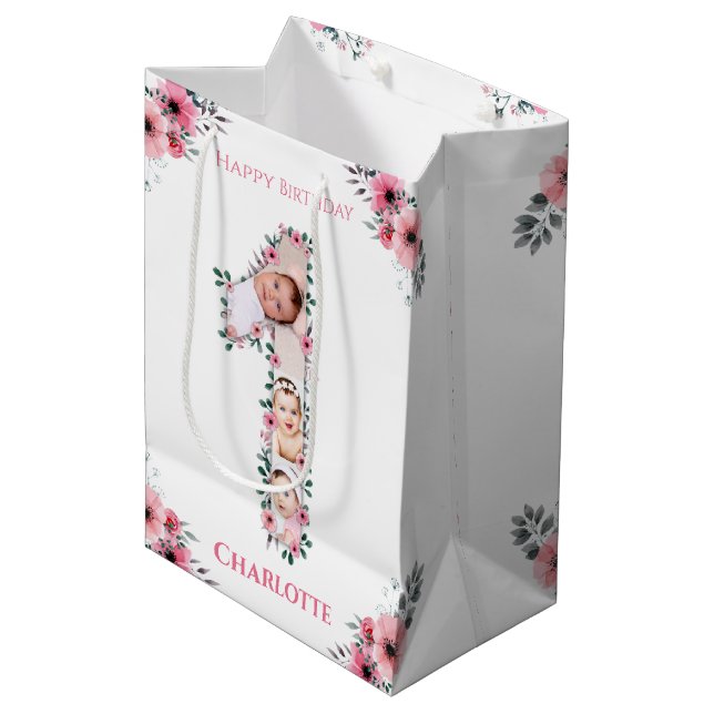 Sacola Para Presentes Média Flor rosa Coluna de Fotos de primeiro aniversario  (Frente inclinada)