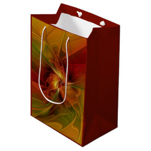 Sacola Para Presentes Média Flor verde-laranja-abstrato Vermelho Castanho-Cast