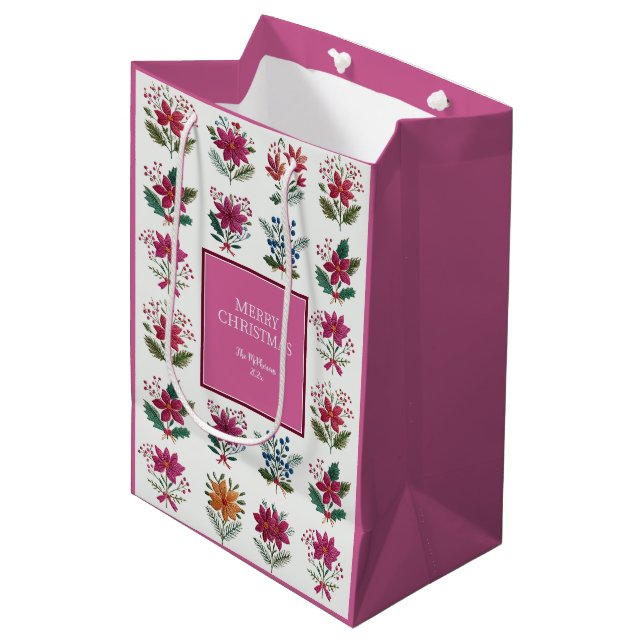Sacola Para Presentes Média Florais Folclóricas Natal Rosa (Frente inclinada)