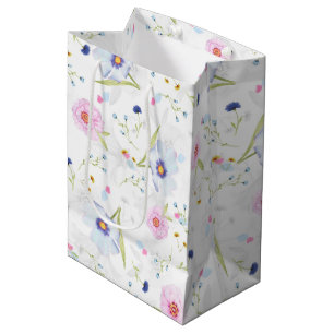 Sacola Para Presentes Média Floral Azul e Flor Rosa do Pastel Elegante
