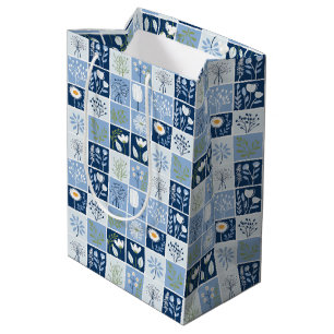 Sacola Para Presentes Média Floral Azul Escandinavo Moderno Botânico Nórdico