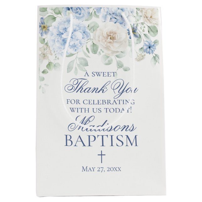 Sacola Para Presentes Média Floral Azul Hydrangea Botânica Baptism Favor (Frente)