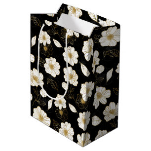 Sacola Para Presentes Média Floral branco e Dourado a preto