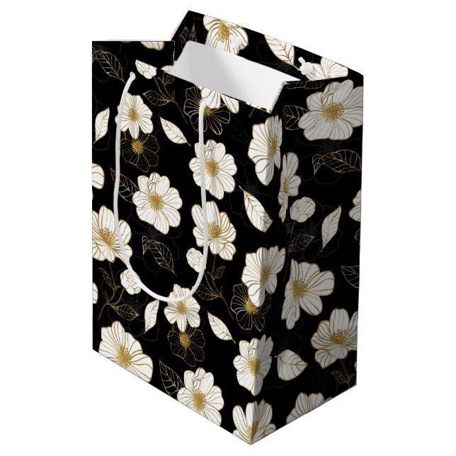 Sacola Para Presentes Média Floral Branco e Dourado em Preto (Verso inclinado)