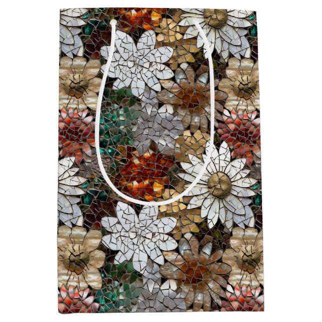 Sacola Para Presentes Média Floral Branco Vermelho Dourado (Frente)