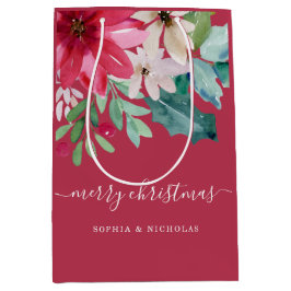 Sacola Para Presentes Média Floral de Feriado Vibrante | Vidro vermelho