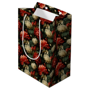 Sacola Para Presentes Média Floral de Vintage Vermelho e Creme Natal elegante