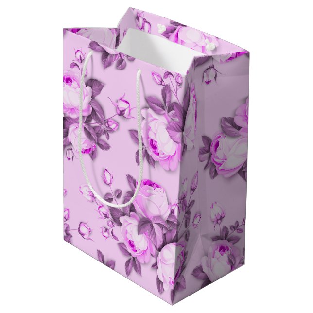 Sacola Para Presentes Média floral elegante roxo rosa (Verso inclinado)