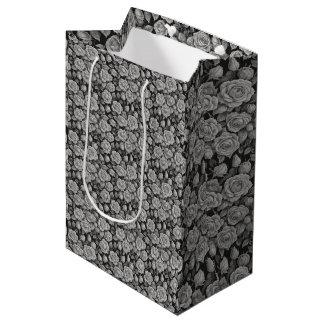 Sacola Para Presentes Média Floral Escuro Preto Cinza Rosas Estética