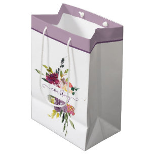 Sacola Para Presentes Média Floral personalizado em aquarela roxa e vermelha