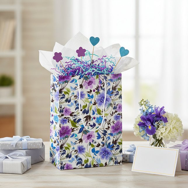 Sacola Para Presentes Média Floral roxo e azul (Criador carregado)