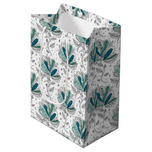 Sacola Para Presentes Média Flores Abstratas em Tons de Verde no Estilo de Art