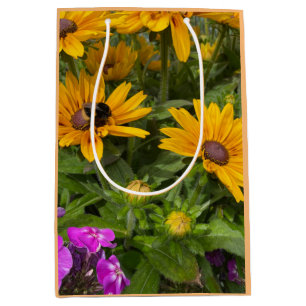 Sacola Para Presentes Média Flores Amarelos de Rudbeckia, Phlox Rosa e Abelha