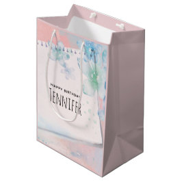 Sacola Para Presentes Média Flores Azuis bonito no Aniversário de Fundo Rosa