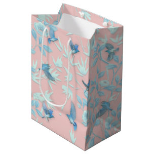Sacola Para Presentes Média flores azuis e pássaros, cor rosa de luz de fundo