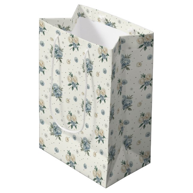 Sacola Para Presentes Média Flores Azuis Elegantes (Frente inclinada)