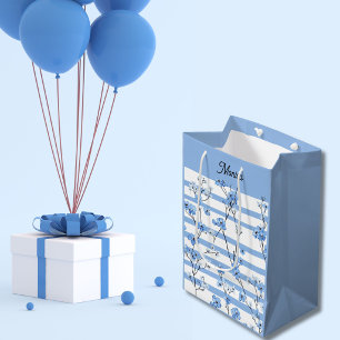 Sacola Para Presentes Média Flores Azuis Elegantes com Desenho Listrado