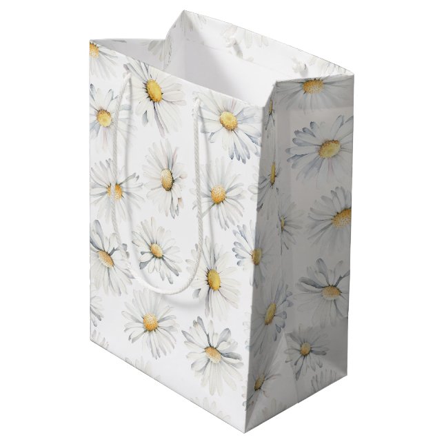 Sacola Para Presentes Média Flores Brancas de Margarida Boho Botânico Aquarela (Verso inclinado)