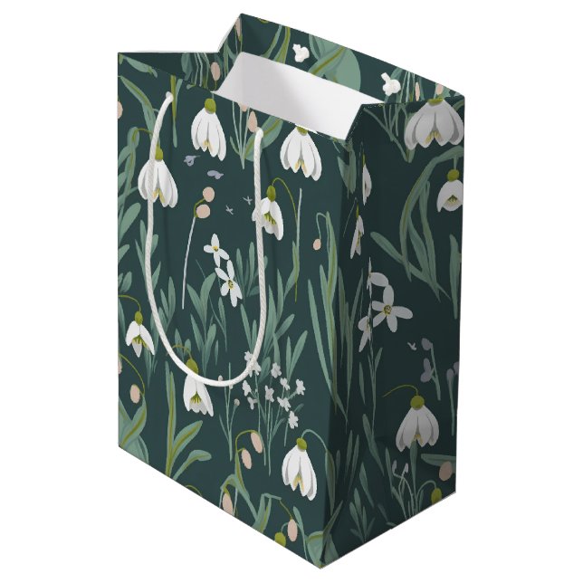 Sacola Para Presentes Média Flores Brancas De Neve Em Verde (Verso inclinado)