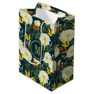 Sacola Para Presentes Média Flores brancas padrão das folhas coloridas