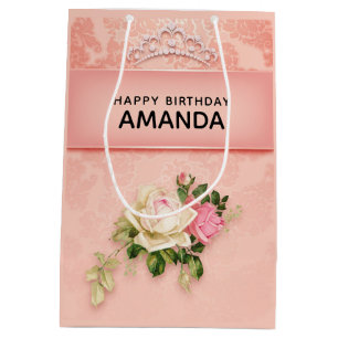 Sacola Para Presentes Média Flores cor-de-rosa com Design de Diamond Tiara Pri