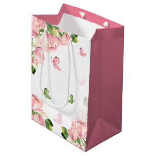 Sacola Para Presentes Média Flores cor-de-rosa românticas folhagens borboletas