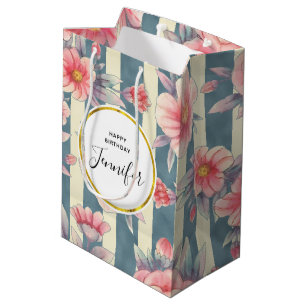 Sacola Para Presentes Média Flores de Aquarela Rosa em Stripes Aniversário