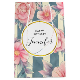 Sacola Para Presentes Média Flores de Aquarela Rosa em Stripes Aniversário