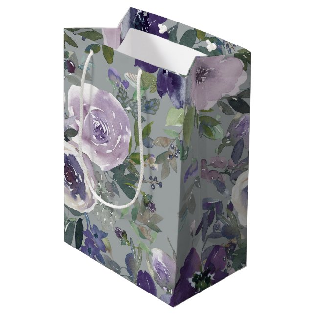 Sacola Para Presentes Média Flores de Aquarela Roxas (Verso inclinado)