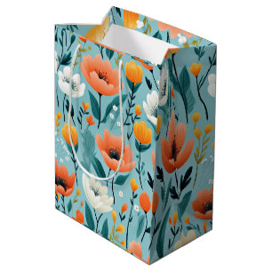 Sacola Para Presentes Média Flores de arte coloridas-aqua, branco, pêssego, am