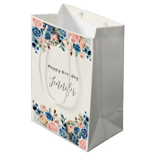 Sacola Para Presentes Média Flores de Cor de Água Rosa e Azul