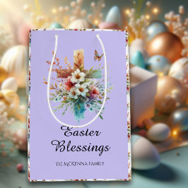 Sacola Para Presentes Média Flores de Cruzamento de Aquarelas Roxas Páscoas Cr