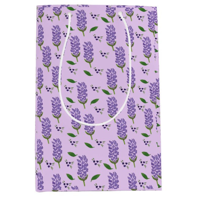 Sacola Para Presentes Média Flores de Lavanda sobre um fundo violeta (Frente)