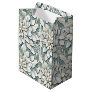 Sacola Para Presentes Média Flores de Lótus Brancas Azuis Casamento