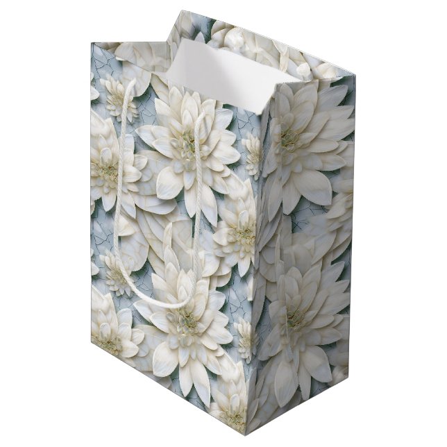 Sacola Para Presentes Média Flores de Lotus Branco Azul (Frente inclinada)