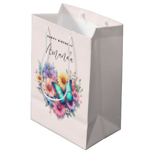 Sacola Para Presentes Média Flores de Margarida com Aniversário de Borboleta L