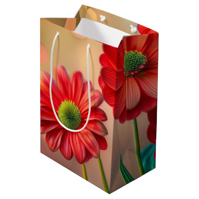 Sacola Para Presentes Média Flores de Margarida Vermelhas Brilhantes (Verso inclinado)