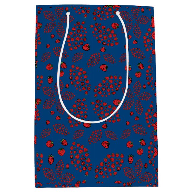 Sacola Para Presentes Média flores de morango em azul (Frente)