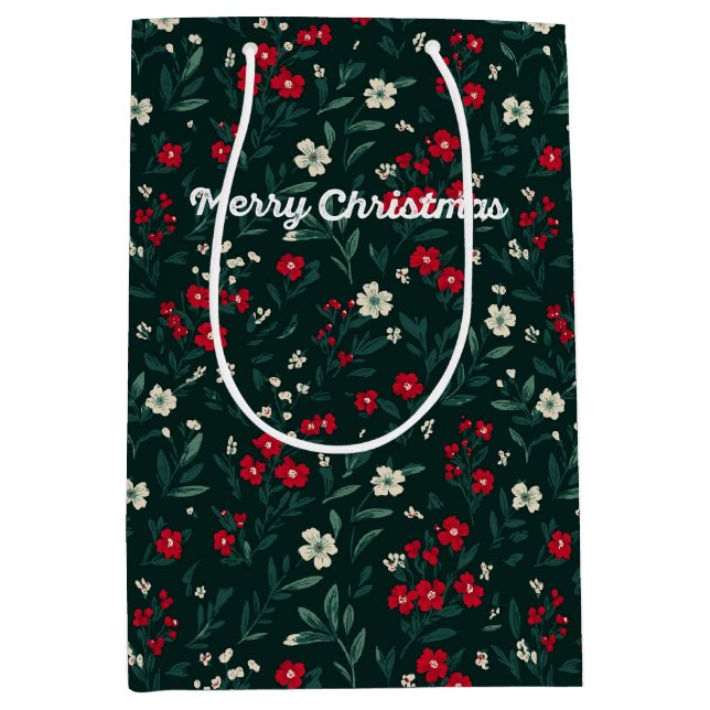 Sacola Para Presentes Média Flores de Natal verdes vermelhas e brancas (Frente)