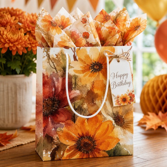 Sacola Para Presentes Média Flores de Outono em Aquarela  (AI‑created mockup showcasing the floral gift bag’s beauty; illustrative only, not exact to product )