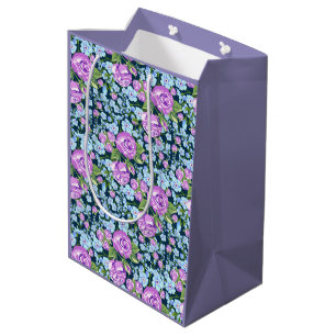 Sacola Para Presentes Média Flores de Padrão Floral no Sangue do Cheio com Púr