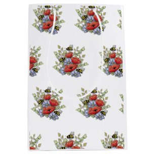 Sacola Para Presentes Média Flores de Papoula e Desenho Digital de Abelhas, Bo