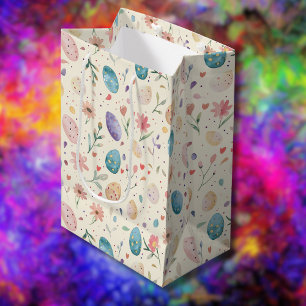 Sacola Para Presentes Média Flores de Páscoa Aquarela Vintage Folhas Ovos