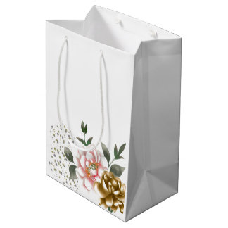 Sacola Para Presentes Média Flores de Peônia Rosa e Bronze e Pontos de Confete