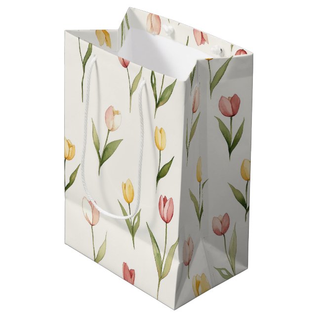 Sacola Para Presentes Média Flores de Tulipa Amarela Rosa Páscoa (Frente inclinada)