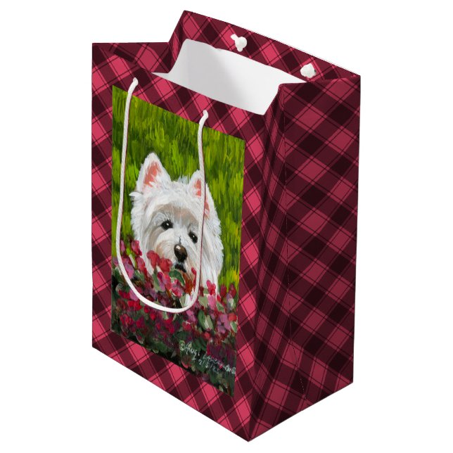 Sacola Para Presentes Média Flores de Westie e Rosa (Frente inclinada)