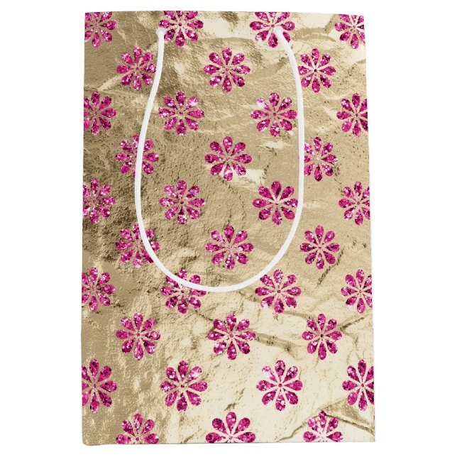 Sacola Para Presentes Média Flores Douradas Rosa-Rosa-Champanhe (Frente)